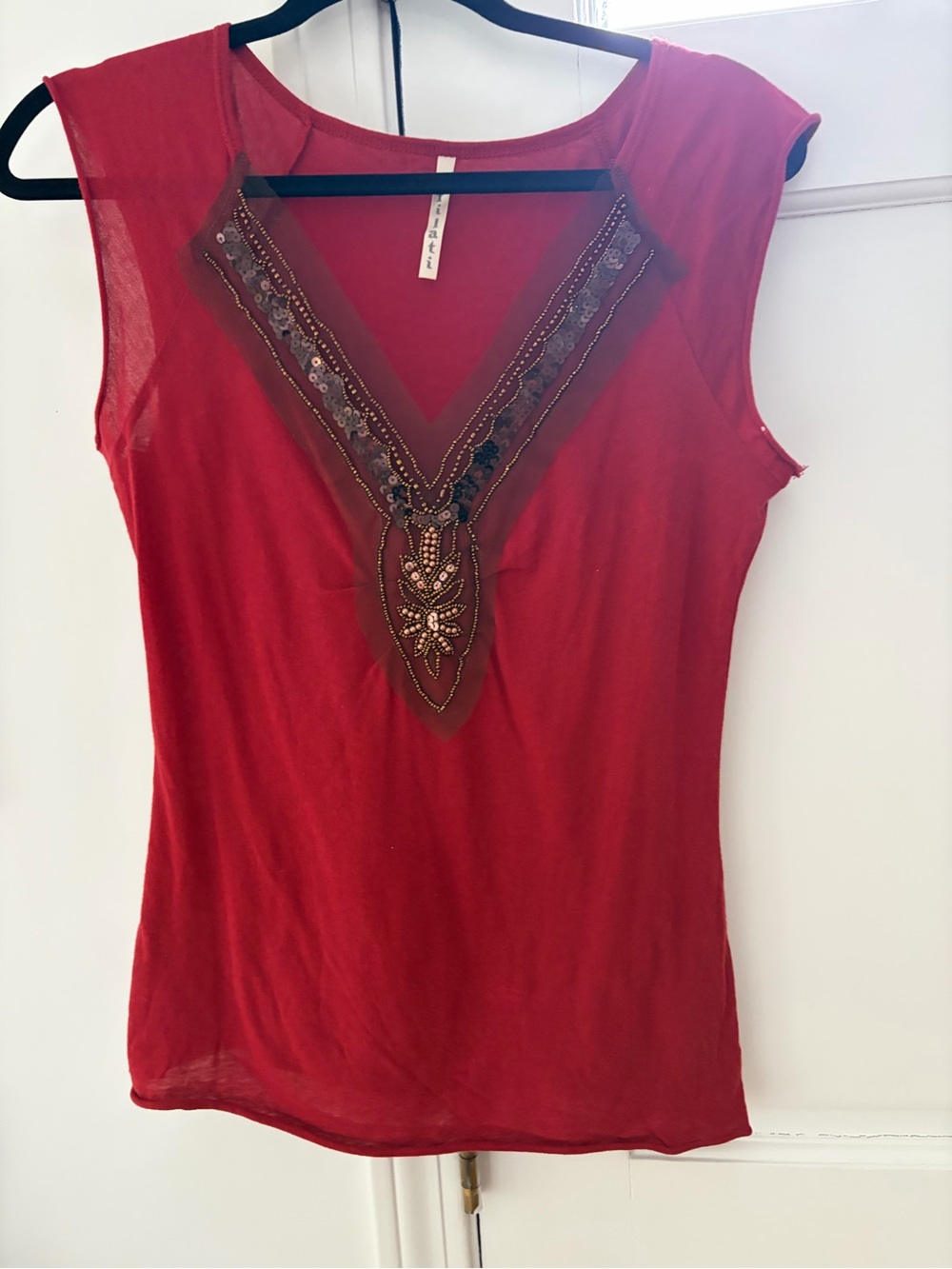 Women's Red Embellished V-Neck Top